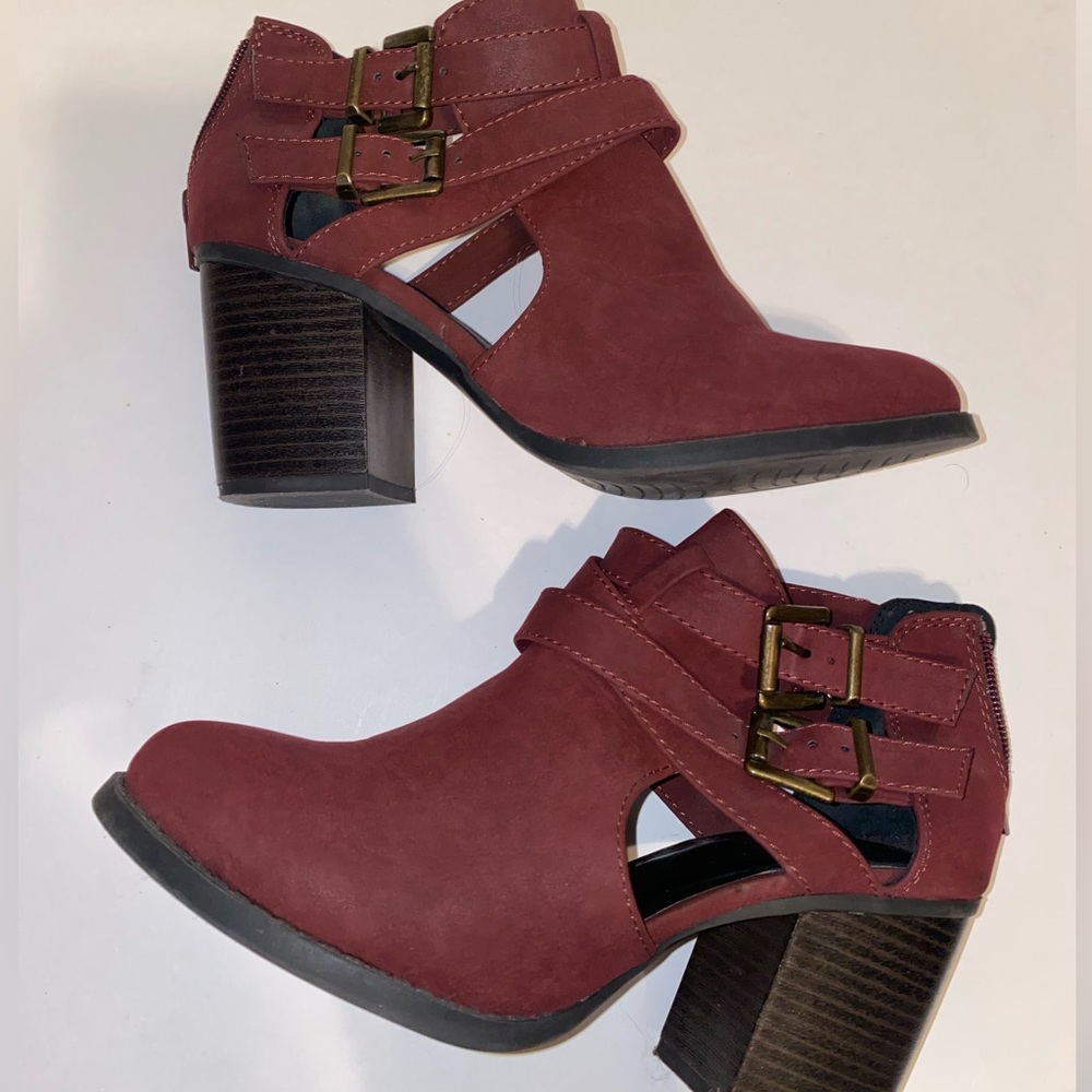 Soda burgundy buckle booties